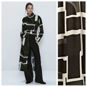 Massimo Dutti Green Cream Viscose Geometric Print Buttoned Midi Dress Size 4